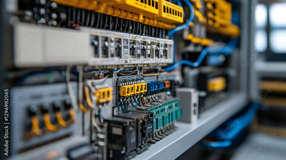 Poster electrical cabinet showing colorful wires and components close up