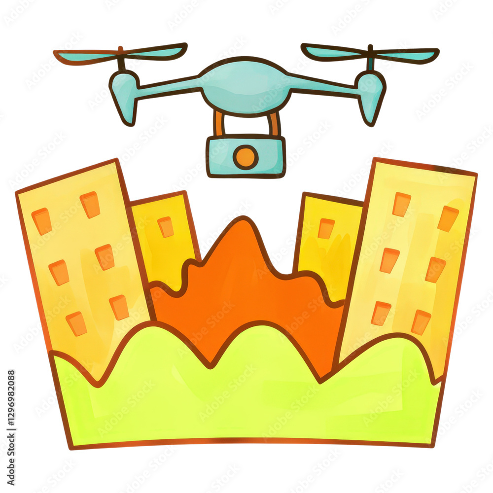 Poster emergency and coordination, a drone captures real-time images of a disaster zone for monitoring and 