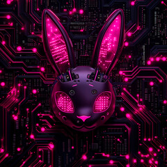 Futuristic robot bunny face in high-tech circuit board. Complex motherboard with neon glowing Easter bunny