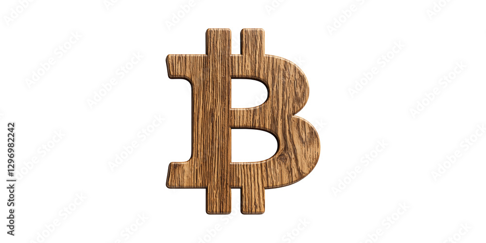 Poster wooden bitcoin symbol with distinct grain patterns isolated on transparent background