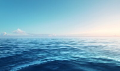 Obraz premium Vast calm blue ocean meeting soft pale sky horizon at gentle sunset time