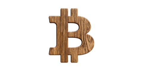 Wooden bitcoin symbol with distinct grain patterns isolated on transparent background