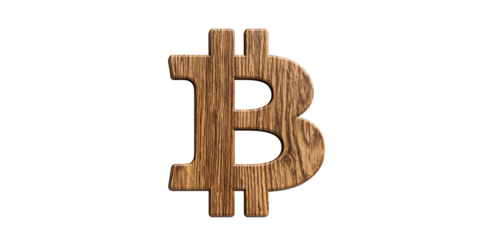 Wooden bitcoin symbol with distinct grain patterns isolated on transparent background