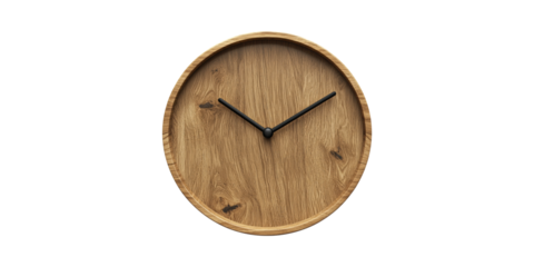 Wooden wall clock with black hands isolated on transparent background