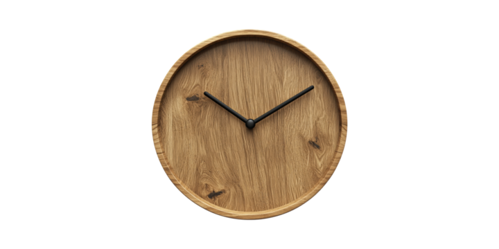 Wooden wall clock with black hands isolated on transparent background