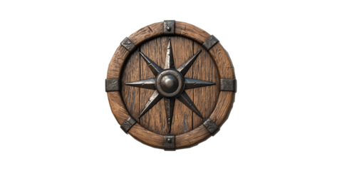 Wooden medieval shield with metal star design isolated on transparent background