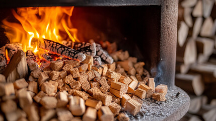 Pellets feed crackling fire in a warm fireplace, symbolizing eco-friendly warmth and energy. Natural wood burns bright, offering comfort in winter as an alternative heat source for modern homes.

