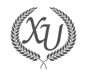 Initial letter X and U, XU monogram logo design with laurel wreath. Luxury calligraphy font.