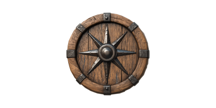 Wooden medieval shield with metal star design isolated on transparent background