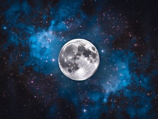 Obraz premium A stunning full moon shines brightly amidst a cosmic backdrop of blue and purple hues.
