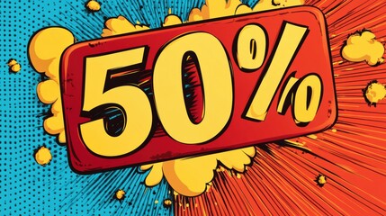 Fototapeta premium Bold retro comic style background displaying a vibrant 50 percentage sign perfect for fashion sale promotions. Generative AI