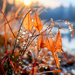 autumn grasses, covered in dew drops, create a magical atmosphere that captures essence of fall with its vibrant colors, refreshing morning breeze, and serene beauty ofnice transitioning season