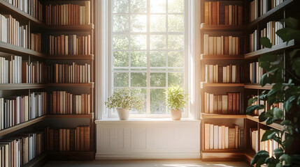 Sunlit Cozy Elegant Home Library with Window and Books: Empty Room. Zoom Virtual Backgrounds, Cozy Interior Backdrops, Living Room Backgrounds for Virtual Meetings