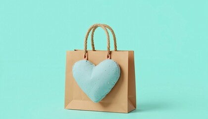 Brown Paper Shopping Bag with Light Blue Heart Shaped Cushion on Turquoise Background