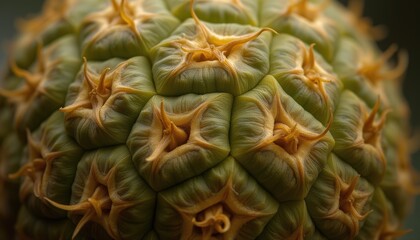  Close-up of unripe green pineapple with spiky leaves and brown tips