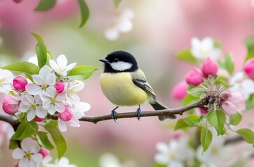 Obraz premium Vibrant Great Tit Bird Perched on Flowering Branch Surrounded by Delicate Pink and White Blossoms in Spring Garden Atmosphere