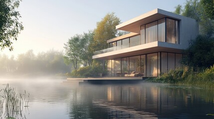 Obraz premium Modern lake house sunrise; misty forest backdrop