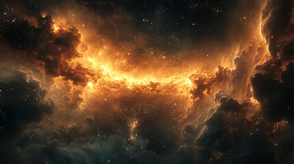 Fototapeta premium Fiery nebula cosmic cloudscape orange and brown space background sky art fire glow dark stars night