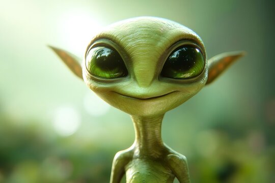 Friendly alien smiling and showing big green eyes