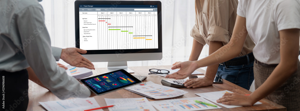Aufkleber Project planning software for brisk business project management on the computer screen showing timeline chart of the team project