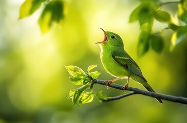 Obraz premium Vibrant Green Bird Singing on a Branch Surrounded by Lush Greenery in Soft Blurred Background with Natural Light Highlights