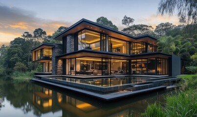 Modern lakefront house sunset luxury architecture
