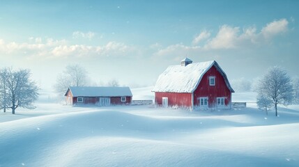 Serene Winter Wonderland with Red Barn, Winter landscape, red barn, snow-covered field, frosty trees, peaceful countryside.