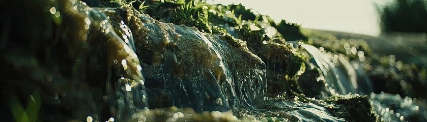 Cascading Water Over Rocks, Forest Background, Nature Scene