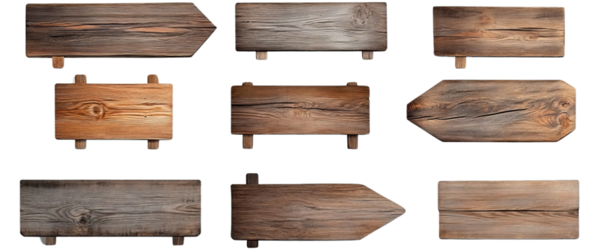 Nine Rustic Wooden Signs Collection Arrows, Squares, Octagon - Isolated on Transparent Background, sign, wood, texture, wooden signs, rustic signs, wood texture