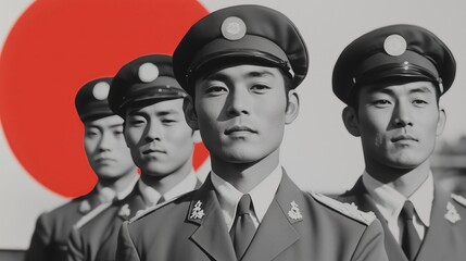 United Front: Group of soldiers in military attire with a symbolic flag in the background, conveying patriotism and strength.
