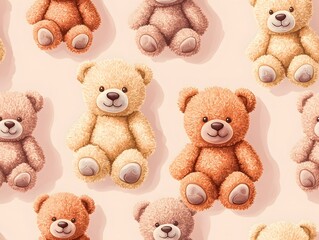A cute and cozy teddy bear pattern featuring adorable bears in various poses and expressions for childlike charm