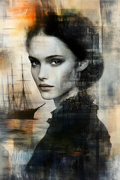 Stylish portrait of a woman with an abstract background featuring sailing ships and a vibrant atmosphere