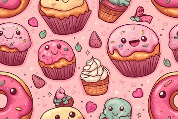 Fun and colorful pattern of donuts with various icing and sprinkles perfect for sweet treats and playful designs