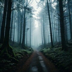 Naklejka premium Sinister Forest at Dawn with an Eerie Mist – Mysterious and Haunting Atmosphere