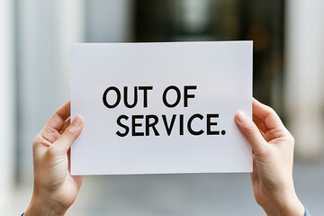 Out of service notice: A pair of hands holding a white sign with the words 'OUT OF SERVICE' in bold black letters indicating malfunction, temporary closure, or unavailability.