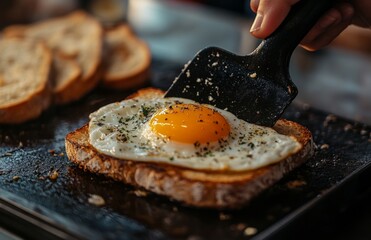 Chef flips fried egg with spatula on griddle in restaurant kitchen