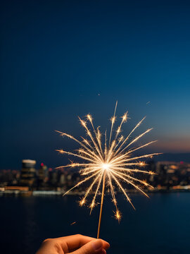 Burning Sparkler Against Nighttime Cityscape