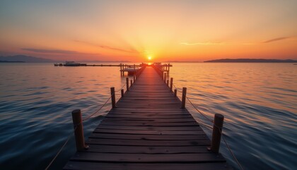 Fototapeta premium Wooden pier at sunset with the sun setting over the horizon and boats in the distance