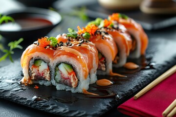Delicious uramaki sushi garnished with salmon, sesame seeds and fish eggs being served on black slate plate