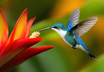 Fototapeta premium Vibrant Hummingbird Approaching Red and Yellow Tropical Flower in Exotic Garden Setting, Captivating Nature Scene of Wildlife and Floral Beauty