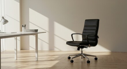 A sleek black leather office chair sits near a minimalist white desk in a sunlit room. Simple design, modern workspace aesthetic. Books and pencils are on the desk.