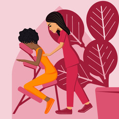 Manual massage. treatment by professional therapist in SPA. Chair Massage Therapy. Isolated flat vector illustration. Eastern and African ethnicity.