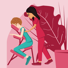 Manual massage. treatment by professional therapist in SPA. Chair Massage Therapy. Isolated flat vector illustration. Eastern and European ethnicity.