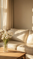 Cozy living room with sunlight streaming through curtains and a vase of daisies on a wooden coffee table