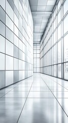 Obraz premium A modern architectural interior with reflective tiled flooring and windows