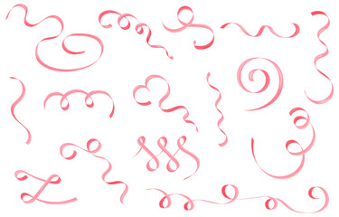 Vintage Red Ribbons Set, Decorative Elements, Watercolor Strips Collection, Different Forms, Vector