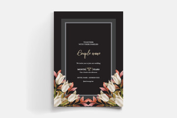 WEDDING INVITATION FRAME WITH FLOWER DECORATIONS AND FRESH LEAVES