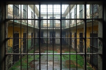Moss growing in abandoned prison cell block through bars