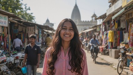 Naklejka premium Vibrant close up of a smiling Indian woman strolling through bustling Delhi streets filled with colorful markets and temples