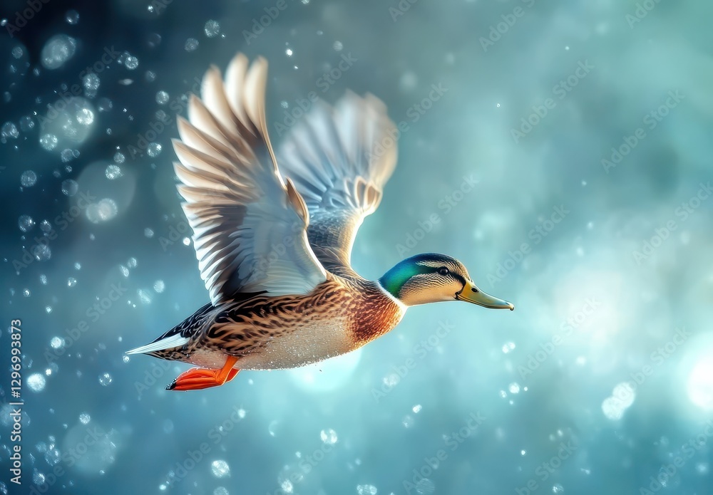 Poster vibrant mallard duck in flight through a sparkling blue background with soft light and bokeh effects
